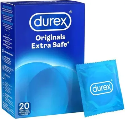A box of Durex Originals Extra Safe condoms and one individual condom wrapper.