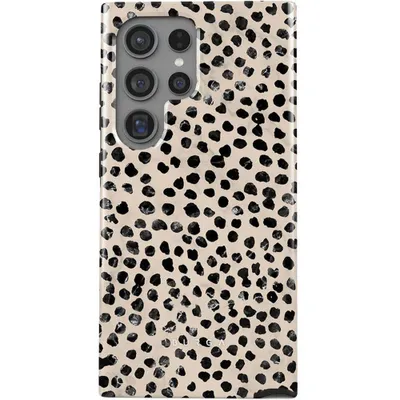 A phone case with a dalmatian print pattern is shown against a white background.