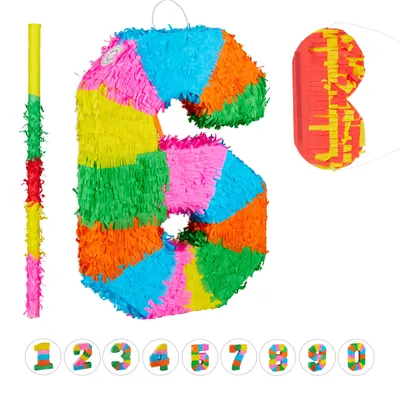 Produktbild von 3 tlg. Pinata Set Geburtstag, Zahl 6, Pinatastab mit Augenmaske, Kinder & Erwachsene, Piñata zum selbst Befüllen, bunt