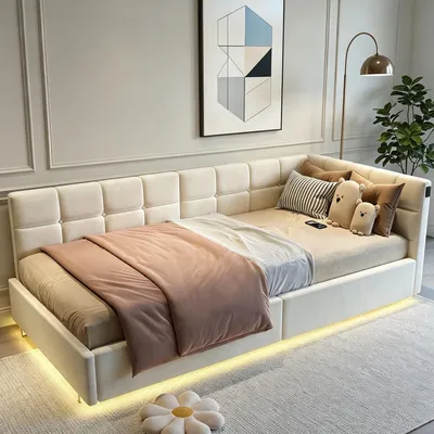 Obrázek produktu pro Postel INONEFT, 90x200 cm, čalouněná, s LED osvětlením a USB porty, mládežnická postel s hydraulickým úložným prostorem, rozkládací pohovka, jednolůžko, postel s roštem, samet, béžová