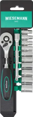 Immagine prodotto di Set cricchetto e bussole da 12 pezzi con supporto | WIESEMANN 80003 | lega acciaio in cromo e vanadio | cricchetto con attacco da 1/4″ | prolunga da 100 mm | 4 mm - 13 mm | bussole con bocca esagonale