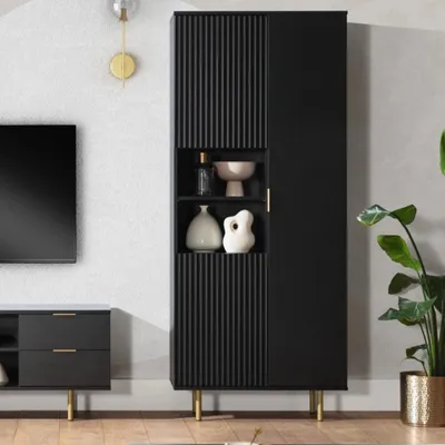 Produktbild von Standregal Nubia R3D Bücherregal 3-türig Push to Open system Schrank mit gefräste Fronten Metallbeine (Schwarz + goldene Beine)