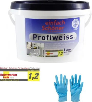 Produktbild von 1 Liter Einfach Schöner Profiweiss Innenwandfarbe Dispersionsfarbe von E-Com24 und 1 Paar Nitrilhandschuhe