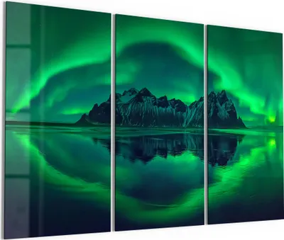 Produktbild von DEQORI Glasbild Echtglas 3x50x100 cm 'Vestrahorn im Polarlicht' Wandbilder XXL groß