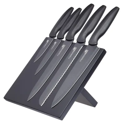 5-tlg. Antihaft-Messerset mit Magnetblock, Kochmesser, Brotmesser uvm., schwarz