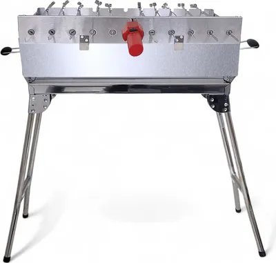 A stainless steel grill with a red handle and foldable legs, presented on a white background.