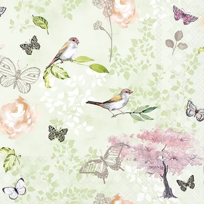 Produktbild von Servietten 33x33 cm - Birds and butterflies green