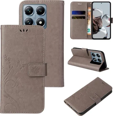 Collage of images showing a flip phone case with a floral and butterfly design.