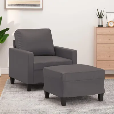 Produktbild von Stabiler Sessel mit Hocker, Metallgestell und grauem Kunstleder für kleine Räume und das Wohnzimmer