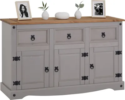 Produktbild von Sideboard RAMON Landhausstil Kommode Kiefer massiv grau lasiert mit 3 Schubladen und 3 Türen