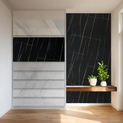 Produktbild von HEXIM Marmorplatten Optik 4er-Set 122×70cm SPC Kunststoff Innen & Außenbereich Granit Steinoptik - Duschrückwand Küchenrückwand Wohnzimmerwand schwarz (3,42 m² 8271) A-Serie