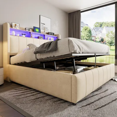 Produktbild von Polsterbett 160*200cm mit LED-Beleuchtung und USB-Steckdose, Kopfteil mit Einlegeböden und Stauraum, Mit Hydraulik für die Lagerung