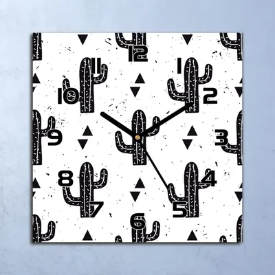 Produktbild von Wanduhr Echt-Glas-Küchenuhr Schwarze Kakteen Quarz Lautlos 30x30 Deko Bilder