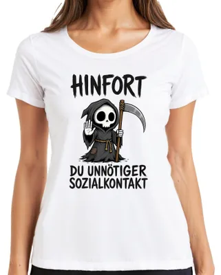 Immagine prodotto di Maglietta da donna, bianca, taglia XL, con la scritta: "Hinfort: Contatto sociale inutile, Mietitore, Dichiarazione, Sarcasmo."
