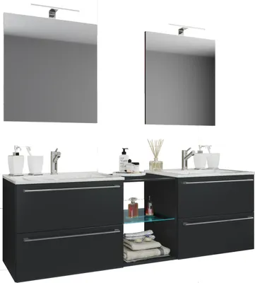 Image de 3 pces Set | 2 lavabo, 2 miroirs, 2 lavabos, 1 compartiment central | Lavabo en céramique | Armoire inférieure 195 cm | Ensemble de meubles de salle de bain Double lavabo - Badinos XXL