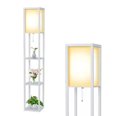 Productafbeelding van Puluomis, 3-laags staande lamp, vloerlamp, staande lamp, bodenlamp, E27 binnenverlichting voor slaapkamer, woonkamer, met houten plank, wit, 160 cm