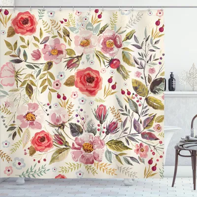 Produktbild von ABAKUHAUS Shabby Flora Duschvorhang, Aquarell-abstrakte Frühlings-Mohnblumen-Blumen-Rosen-Knospen verlässt romantischen Druck, 175 x 200 cm, Mehrfarbig