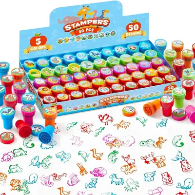 Obrázek produktu pro Malý set razítek se zvířátky pro děti od 3 let, 50 kusů, samobarvící, 5 barev