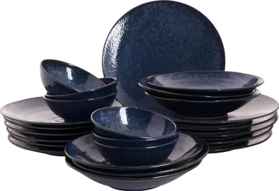 A set of dark blue ceramic dishes is arranged on a white background.