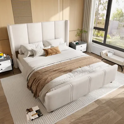 A bedroom scene with a bed, nightstand, and window.