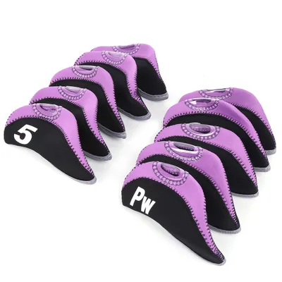 Zdjęcie produktu dla 10 sztuk neoprenowych ochraniaczy na głowice kijów golfowych typu putter i żelaznych – czarne i fioletowe, miękkie, uniwersalne, praktyczne podczas podróży na świeżym powietrzu