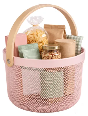 Image de Relaxdays, panier en fil de fer avec poignée, rond, panier de rangement en métal et bois, idéal pour la cuisine, la salle de bain ou le salon, couleur rose, Image générée par une IA
