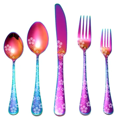 Produktbild von 20-teiliges Besteckset aus Edelstahl mit Kirschblütenmotiv für 4 Personen, spülmaschinenfest, Regenbogenfarben