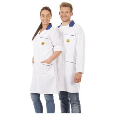 Produktbild von Warmbier ESD-Arbeitsmantel AM-160, mit Applikationen, M, weiß/blau 2618.AM160.W.M