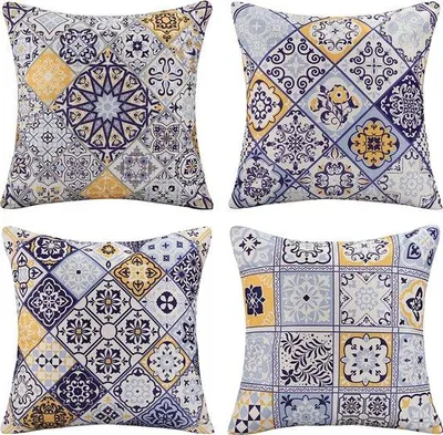 Immagine prodotto di Set di 4 federe decorative Unyqoos® (45x45 cm) – Motivo boho mandala, cotone e lino, blu, con cerniera invisibile, solo federe