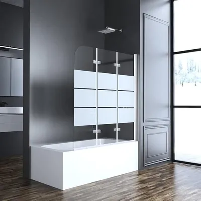 Produktbild von Duschwand für Badewanne 120x140cm(BxH) Faltbar Gestreift Badewannenaufsatz 3-teilig Duschtrennwand Duschabtrennung Streifenmuster Sicherheitsglas Badewannenfaltwand für Badewanne mit 5mm Glas