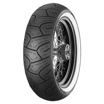 A close-up studio shot of a motorcycle tire with a white sidewall.