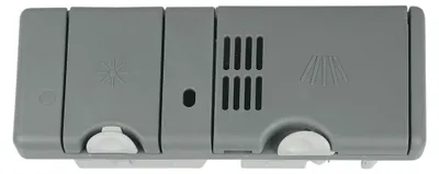 A gray dishwasher dispenser with white knobs.