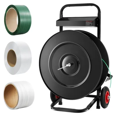 Imagen del producto de VEVOR, carro para bobinas de embalaje, apto para bobinas de embalaje de PET, PP, fibra y acero. Dispensador de embalaje de alto rendimiento, equipado con rodillos antirretorno, un sistema de frenado mejorado y un espacio de almacenamiento amplio