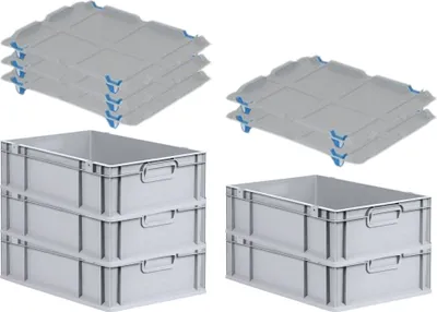 Produktbild von SuperSparSet 5x Eurobox NextGen Economy mit Auflagedeckel und 4x Schiebeschnappverschlüsse Blau | Griffe geschlossen | HxBxT 17x40x60cm | 34 Liter | Eurobehälter, Transportbox, Transportbehälter, Stapelbehälter