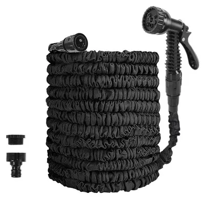 Produktbild von Flexibler Gartenschlauch dehnbar 7,5-61m mit 7-Funktionen-Spritzpistole, Schwarz