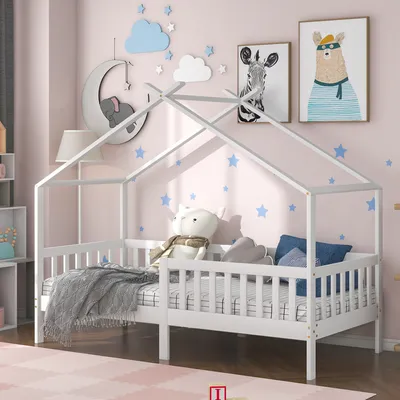 Obrázek produktu pro Merax dětská postel 90x200cm domeček s ochranou proti vypadnutí, ohrádkou a roštovým rámem, dětský domeček na hraní Dřevěná postel do dětského a mládežnického pokoje, bílá
