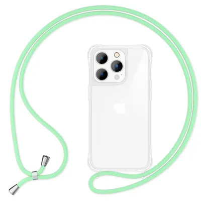 Image de Étui avec chaîne pour iPhone 14 Pro - Étui transparent pour téléphone portable avec cordon à porter autour du cou Vert menthe