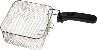 A close-up shot of a metal frying basket with a black handle against a white background.