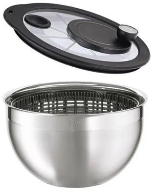 Produktbild von Famanu Salatschleuder mit Glasdeckel, Ø 24 cm, Edelstahl 18/10, zweifarbig poliert, Handkurbel, vollständig zerlegbar und spülmaschinenfest