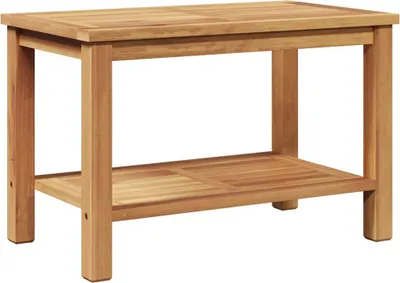 A wooden coffee table with a lower shelf, presented against a white background.