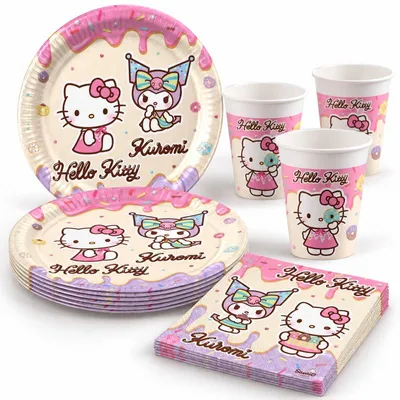 Produktbild von Hello Kitty & Kuromi Geburtstagsdeko, 52-teilig, Pappteller, Becher und Servietten für Kindergeburtstag, Partygeschirr
