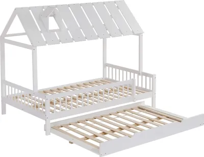Produktbild von Flieks Kinderbett 120x200cm mit Ausziehbett, Kinderbett Hausbett mit Rausfallschutz und Lattenrost, Holzbett Einzelbett Kinderzimmer, Weiß