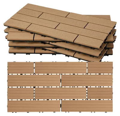 Produktbild von Eikuavons WPC Terrassenfliesen 7 m², 30 x 60 cm 42 Stücke, Terrassendielen mit 10 Latten in Holzoptik, für Garten Balkon Bodenbelag mit Drainage und Klicksystem, Teak