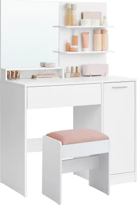 A white vanity table with a mirror, drawers, shelves, and a pink stool.