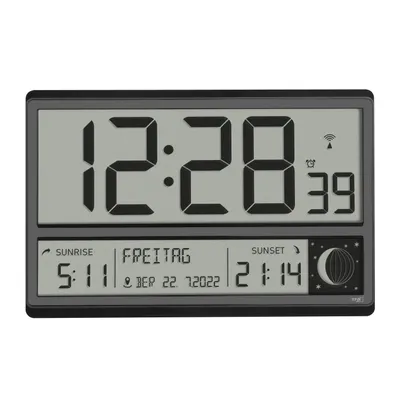 A digital clock displaying time, date, sunrise and sunset times, and moon phase.