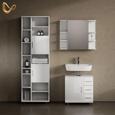 Image de Ensemble de meubles de salle de bain - blanc brillant - 2 pièces - comprenant un meuble-lavabo et un miroir