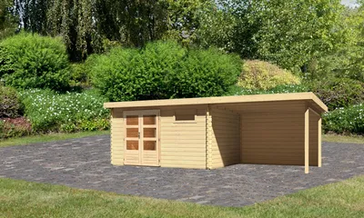 Produktbild von Gartenhaus Blockbohlenhaus Gerätehaus Bastrup 8 im Set mit Anbaudach 3 m breit, 28 mm Rückwand naturbelassen 670x297x220 cm