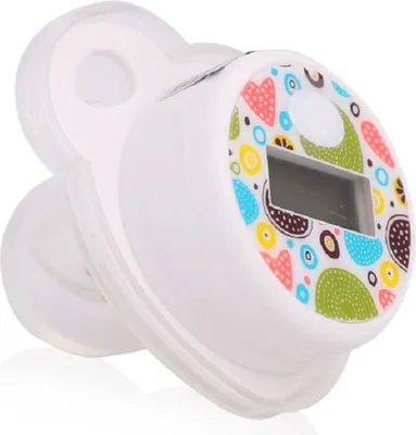 A close-up studio shot of a baby pacifier thermometer.