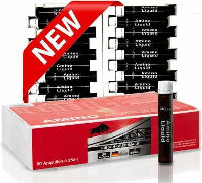 Produktbild von AMINO LIQUID - 20 Ampullen á 25 ml - Geschmack Kirsche - Flüssige Aminosäuren, BCAA, EAA - für leichte und schnelle Aufnahme. Mit allen 18 essentiellen Aminosäuren + Vitamin B6 - Optimales Aminosäurenprofil - Geringer Fett und Kohlenhydratanteil. Auch zu finden unter der Kategorie: Maca, L-Arginin, Zinc, Guarana, Ginseng, Koffein, Creatin Monohydrat, BCAA, EAA, Aminosäuren, Kreatin, Testosteron Booster, Tribulus Terrestris, Vitamine, Mineralstoffe, Vitalstoffe, Sporternährung, Supplements,