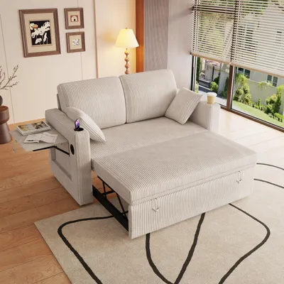 Zdjęcie produktu dla Dwuosobowa rozkładana sofa – regulowane oparcie, wbudowane uchwyty na kubki, miękkie poduszki. Idealna do małych pomieszczeń.